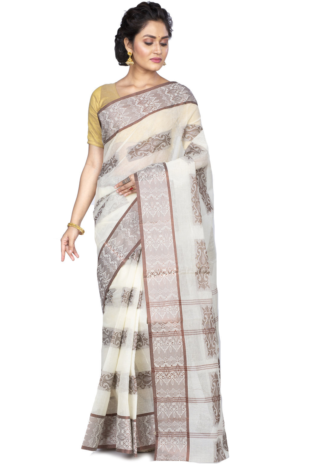 Off-White Pure Cotton Strip Suparna Tant Saree (163)